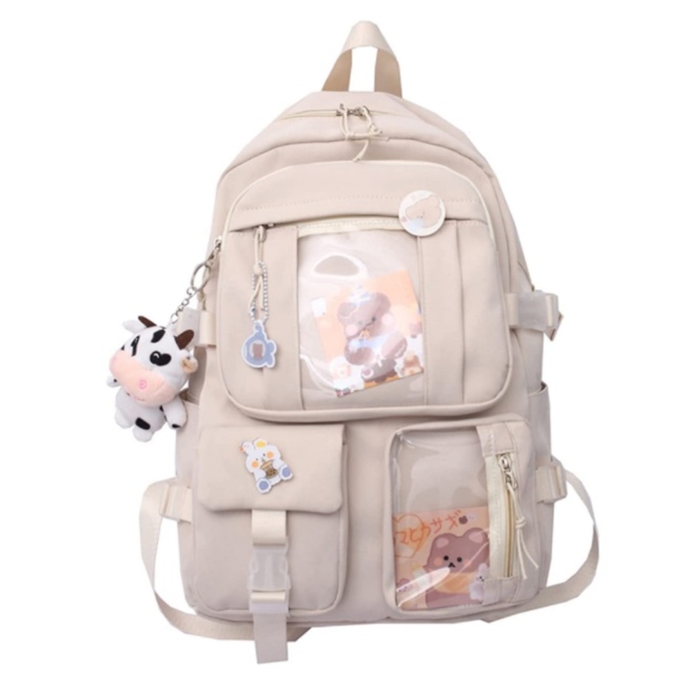 Beige  Backpack with Cute Pin Accessories